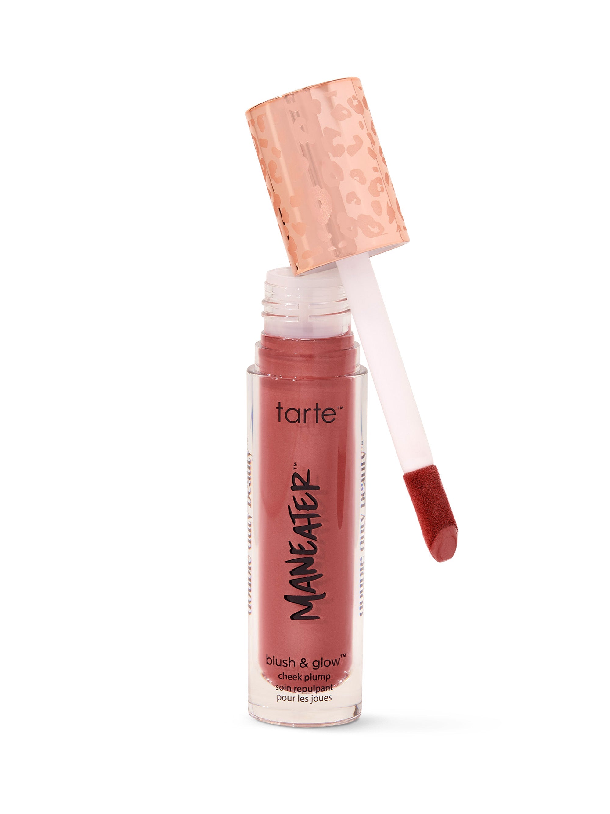 Tarte Maneater blush & glow product with rose gold cap on white background