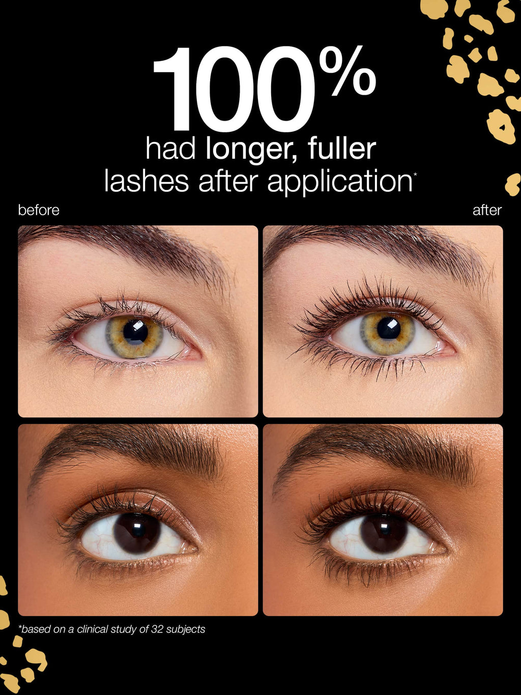 Before and after comparison of eyelashes with text indicating longer, fuller lashes.