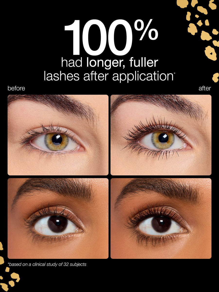 Before and after comparison of eyelashes with text indicating longer, fuller lashes.