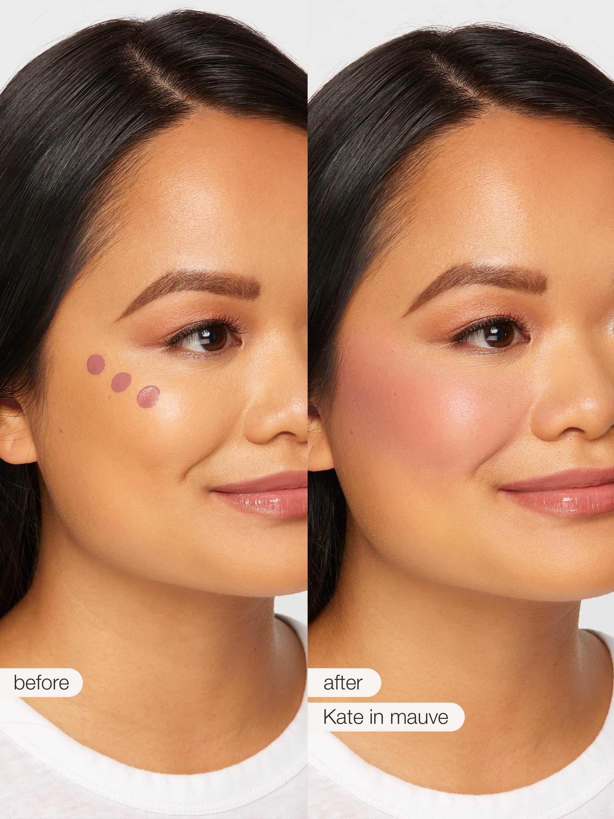 A woman shows a before-and-after makeup application. Left: three purple dots on her cheek labeled before. Right: blended blush labeled after Tarte Cosmetics, within a studio setting.