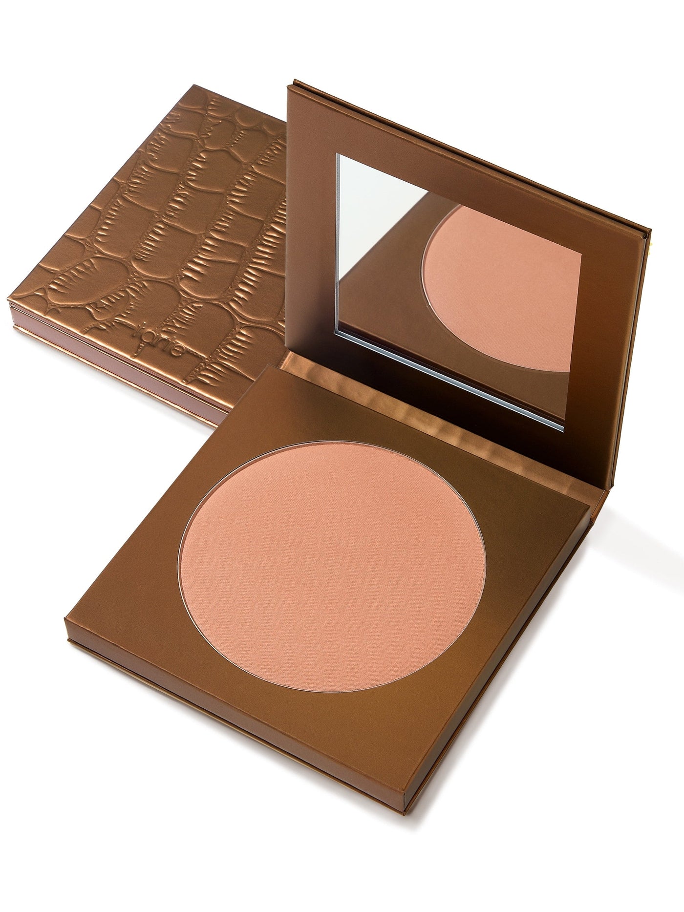 Bronze-colored makeup compact with open lid on a white background