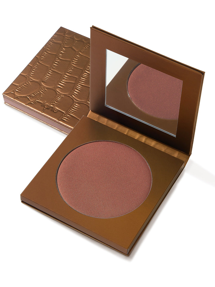 Bronze compact powder in an open case on a white background