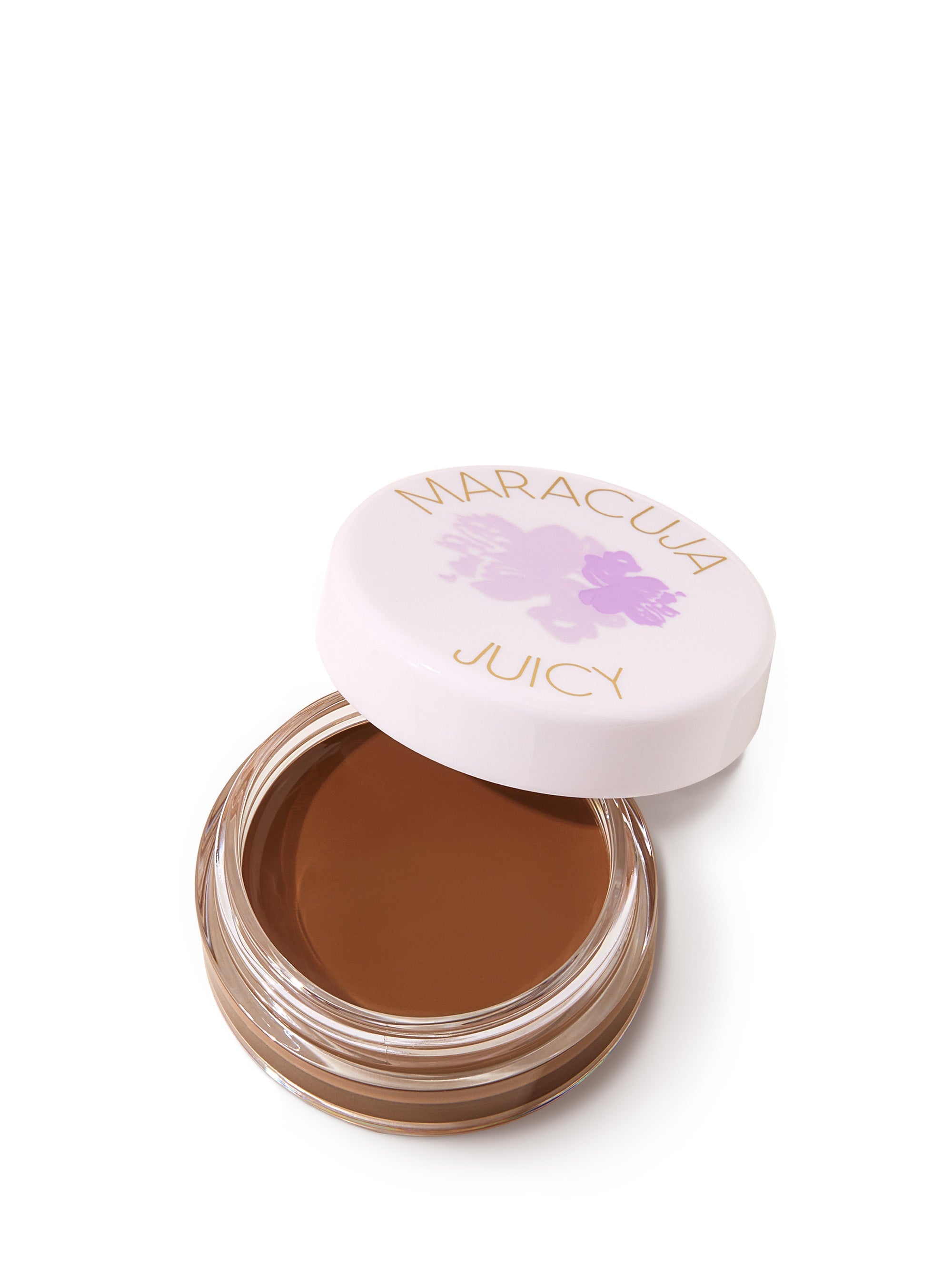 Open jar of brown cream with 'Maracluca' branding on a white background