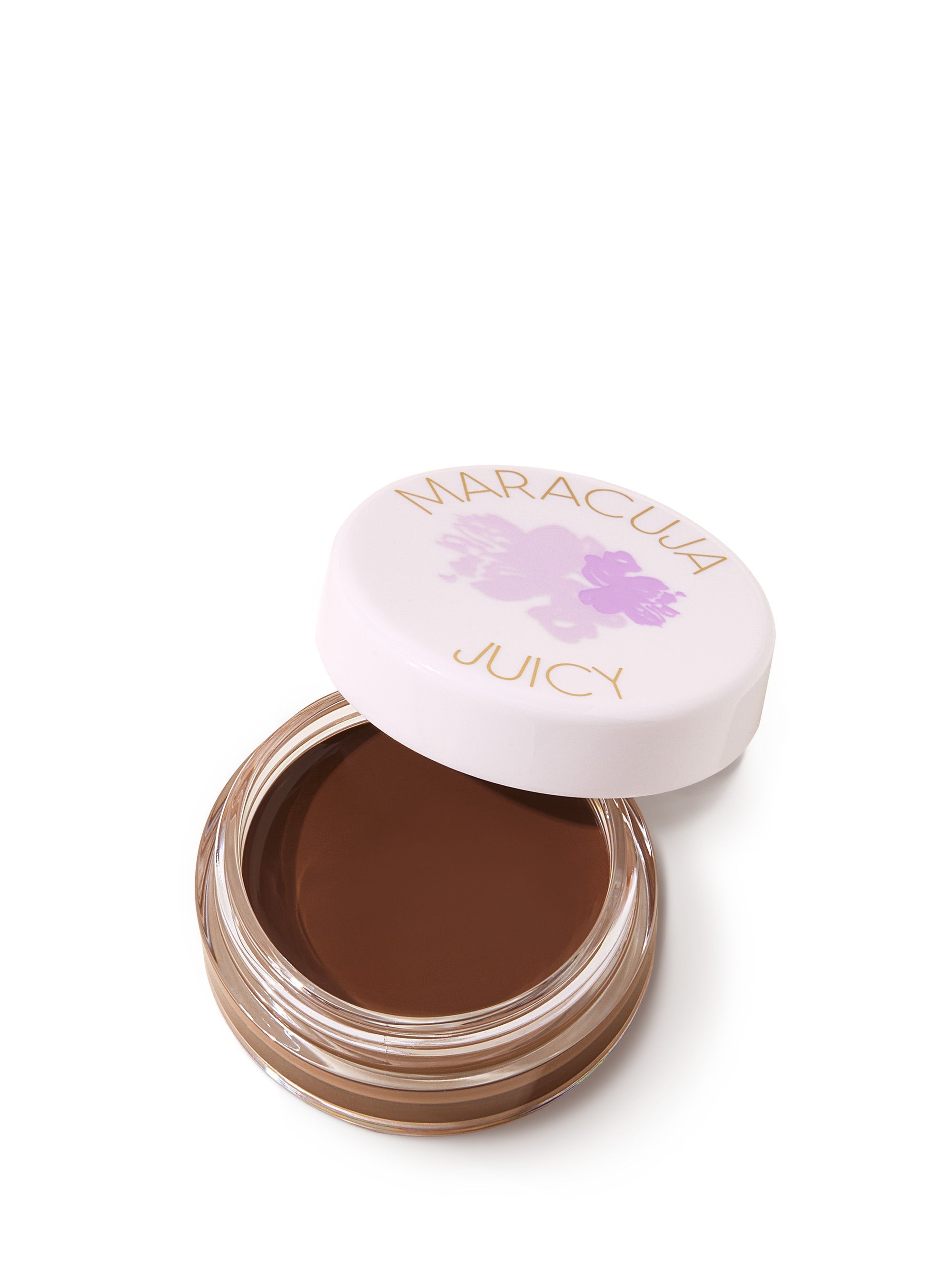Open jar of brown cream with 'Maracluca' lid on a white background