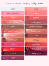 Color swatches of lip plumping oil with names on a pink background