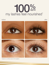 Before and after comparison of eyelashes with text indicating nourishment.