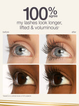Before and after comparison of eyelashes with text indicating results.