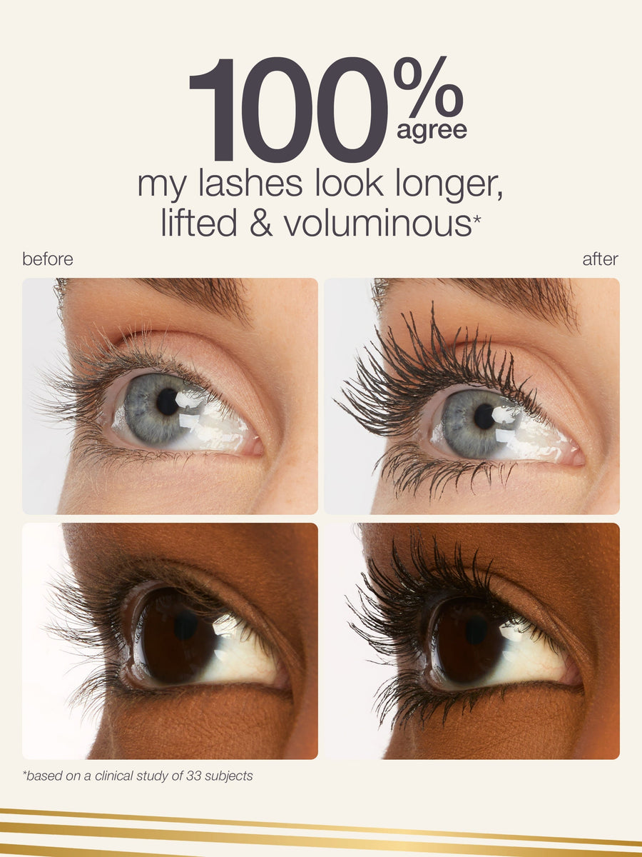 Before and after comparison of eyelashes with text indicating results.