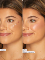 Before and after comparison of a woman's face with cosmetic product application labeled 'Mia in rose glow'.