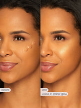 Before and after comparison of a woman's face with 'Delisa in Amber Glow' product application.