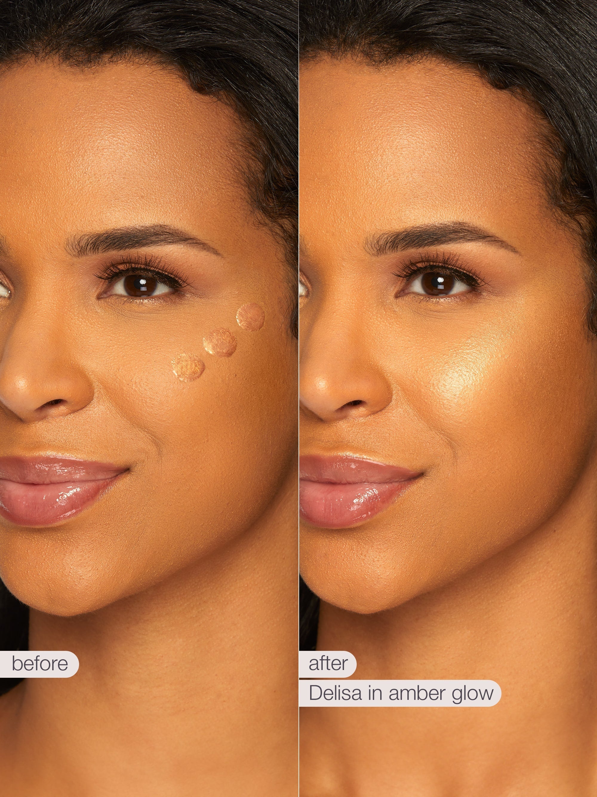 Before and after comparison of a woman's face with 'Delisa in Amber Glow' product application.