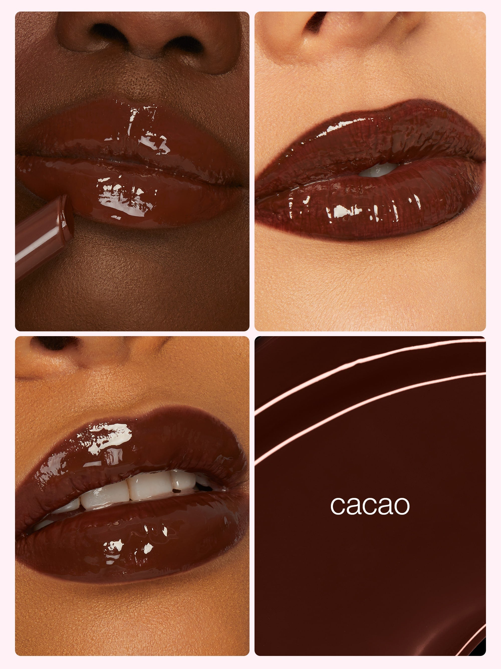 Collage of a chocolate brown lip color on lips with 'cacao' text.