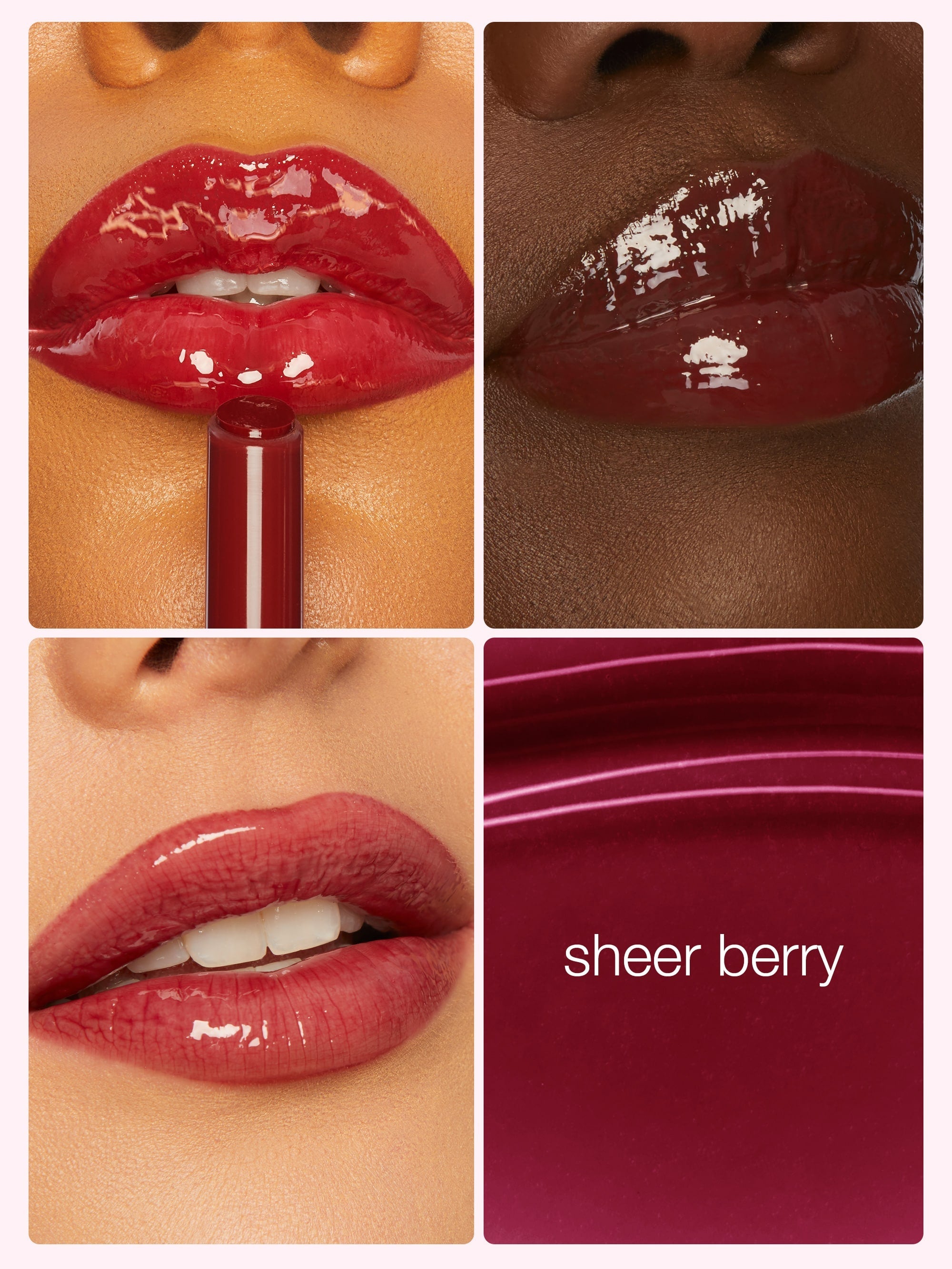 Collage of a glossy red lipstick on lips with close-up of lipstick and color swatch labeled 'sheer berry'.