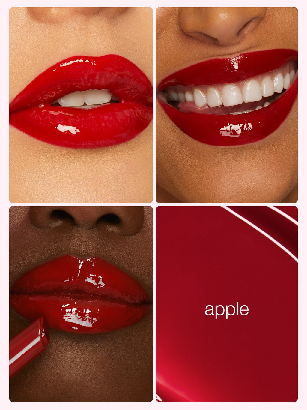 Collage of a person wearing red lipstick with close-up shots and a color swatch labeled 'apple'.