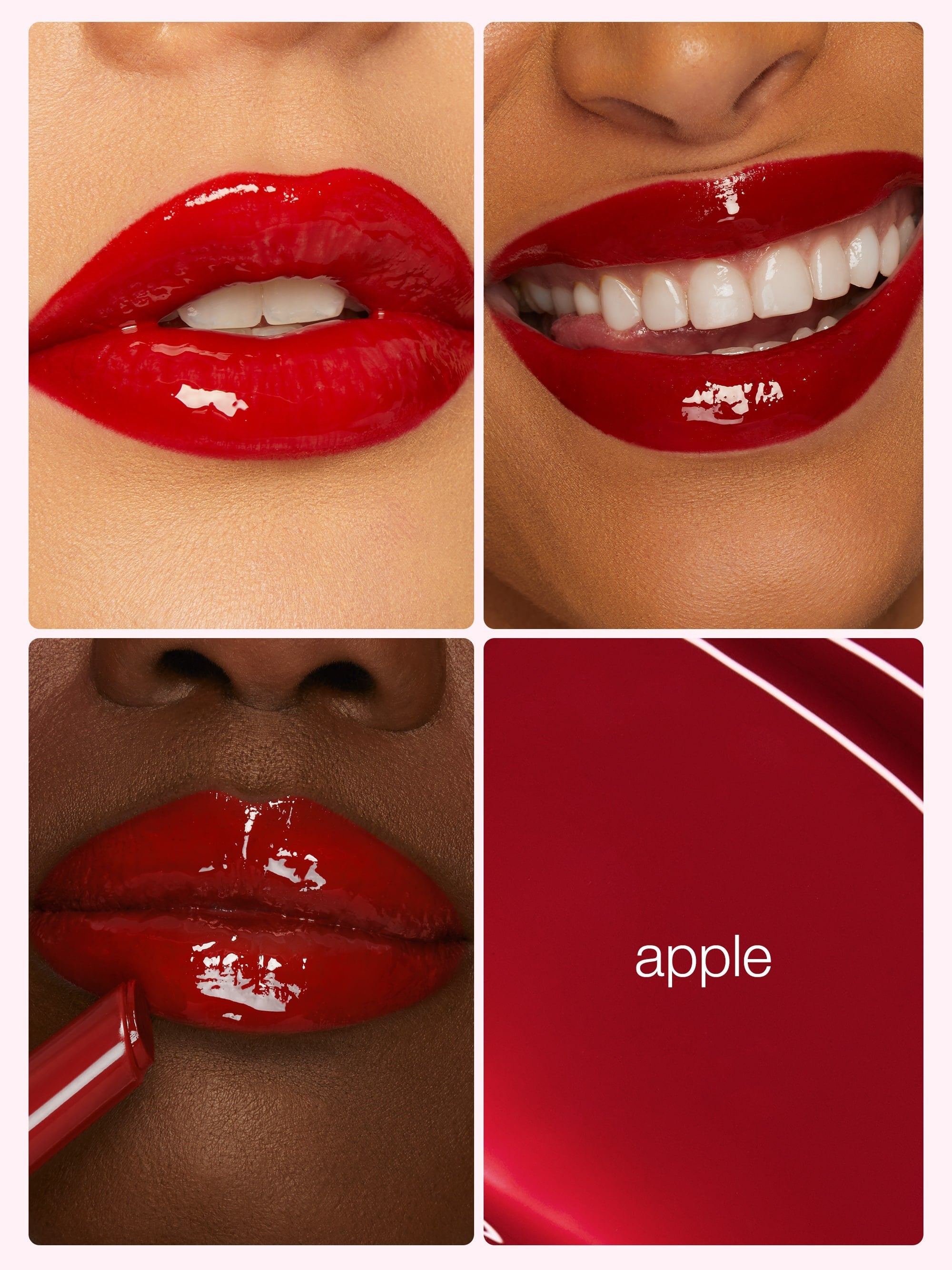 Collage of a person wearing red lipstick with close-up shots and a color swatch labeled 'apple'.