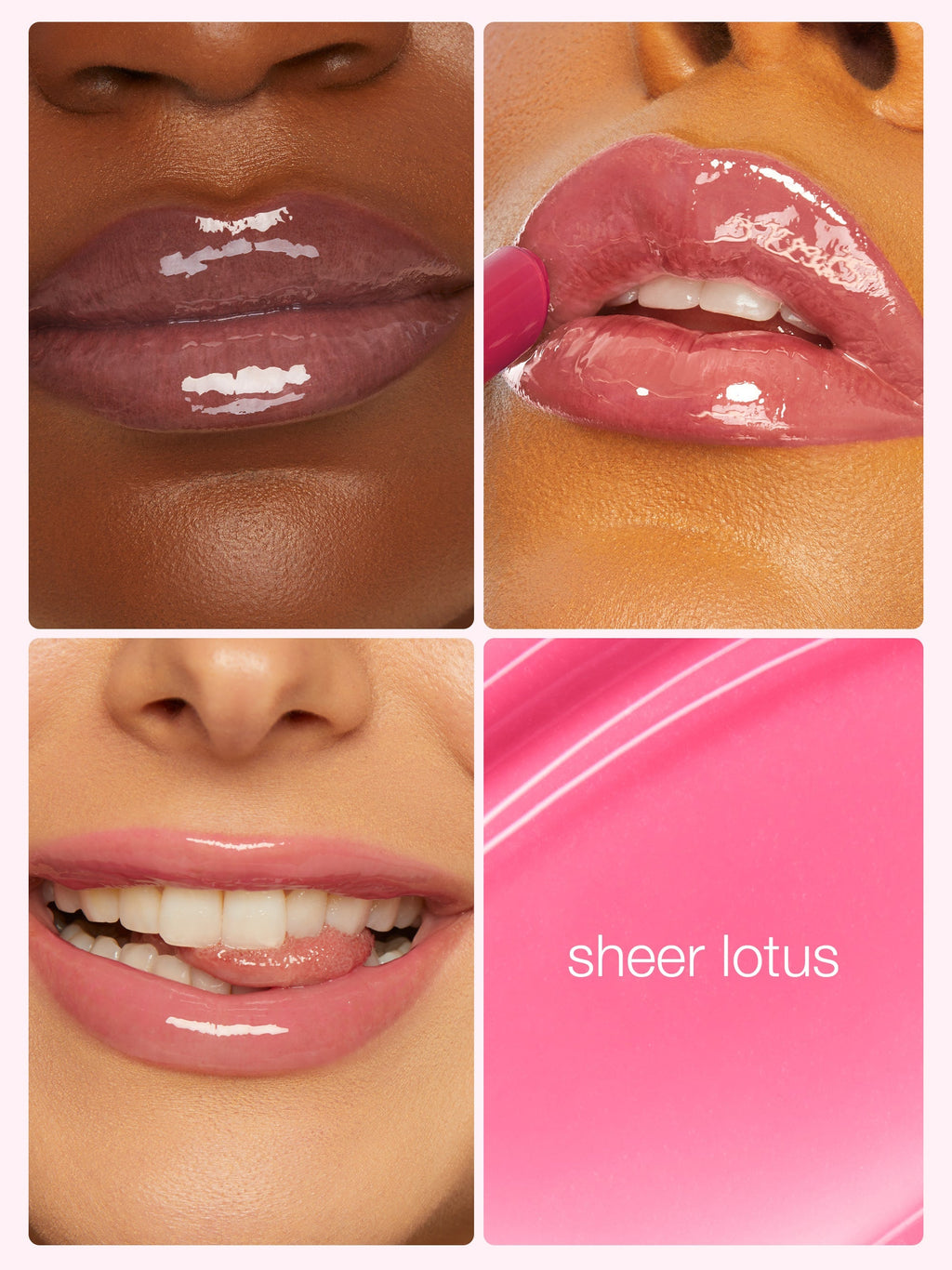 Collage of a woman's lips wearing a pink lip gloss with 'sheer lotus' text.