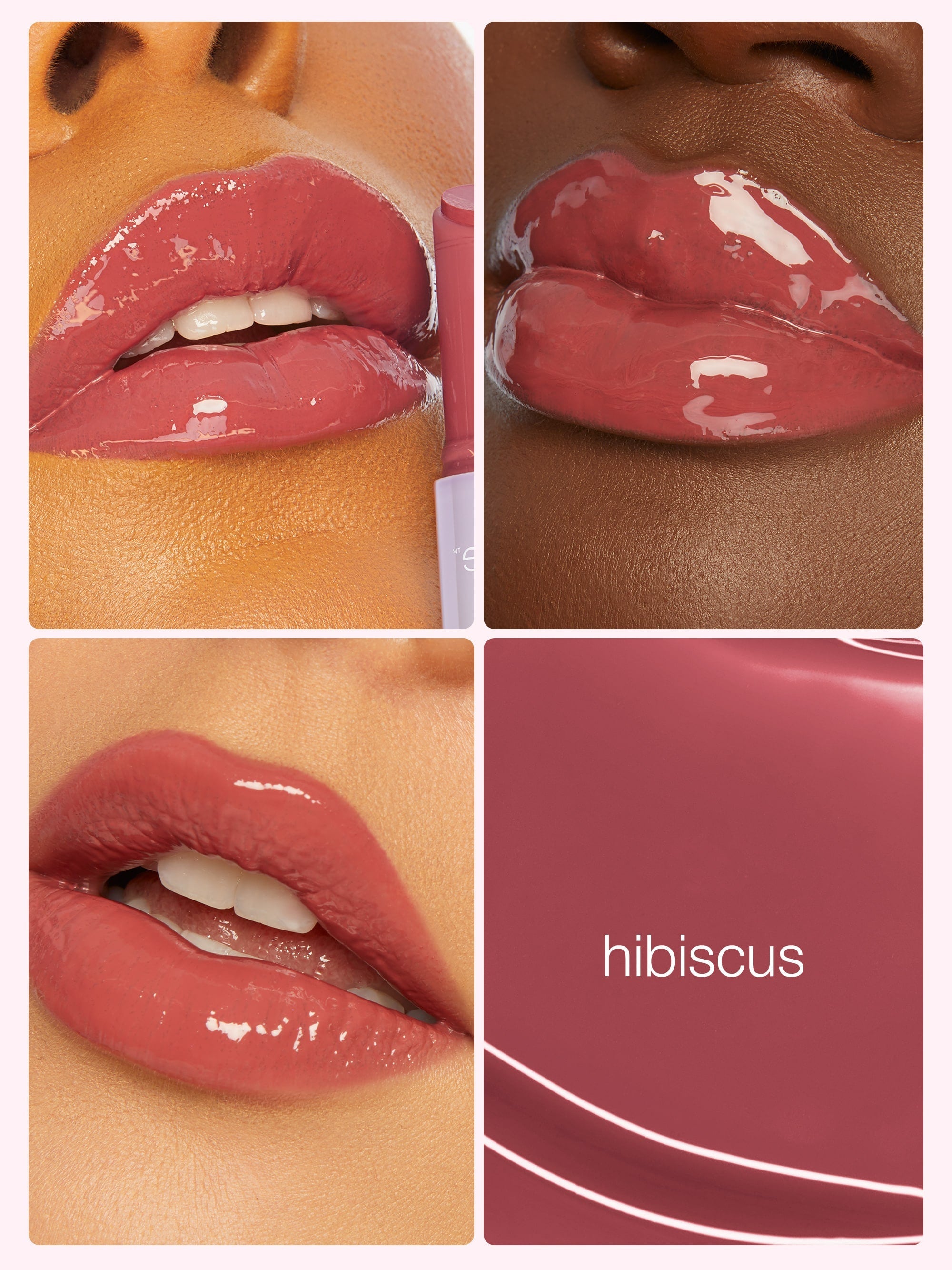 Collage of a pink lip color swatch on different skin tones with 'hibiscus' text.