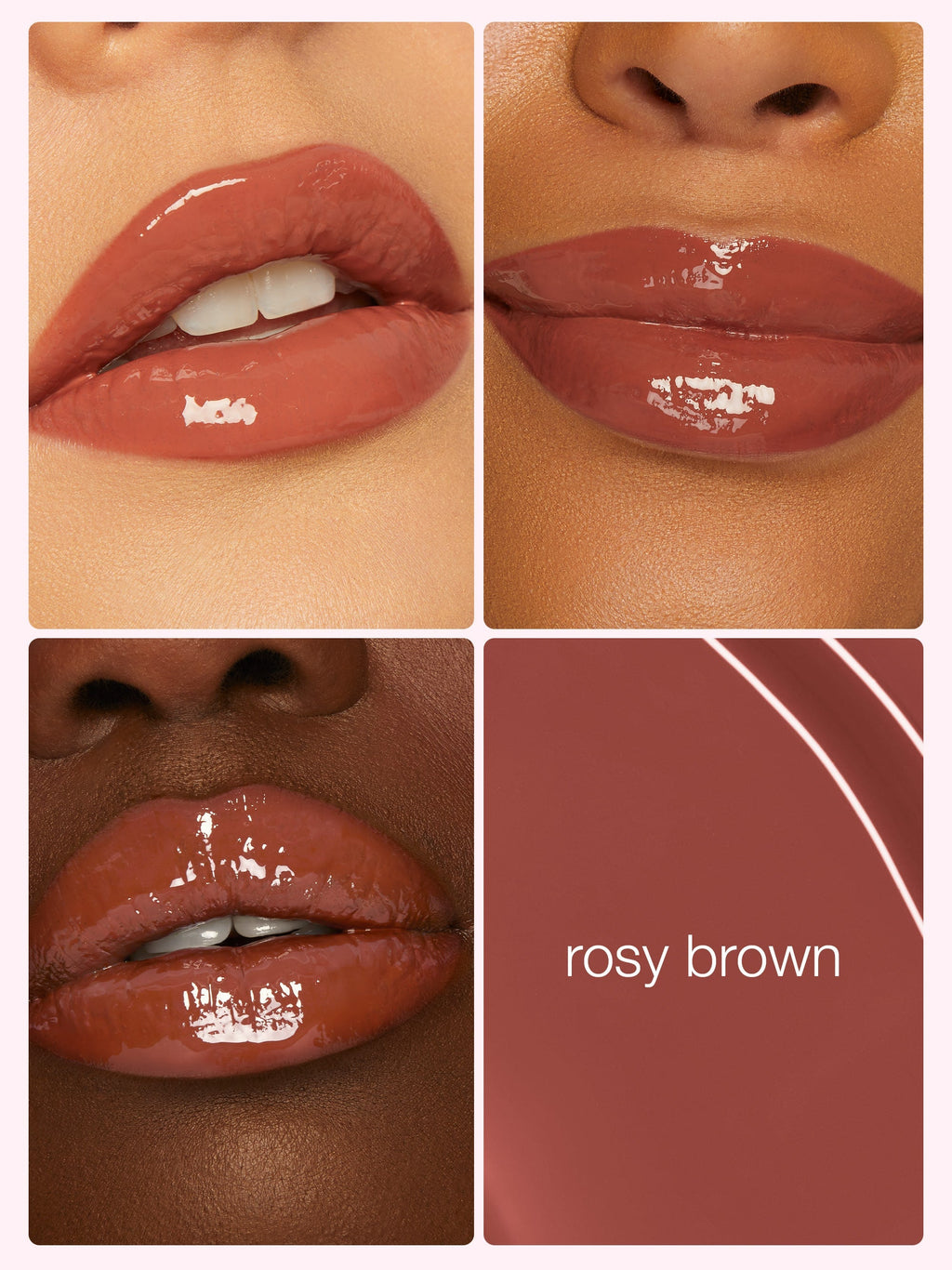 Lipstick swatches in rosy brown shade on different skin tones with a color swatch below.