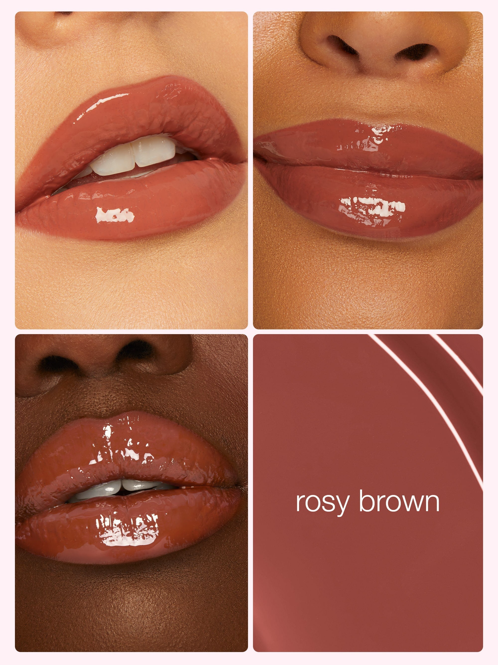 Lipstick swatches in rosy brown shade on different skin tones with a color swatch below.