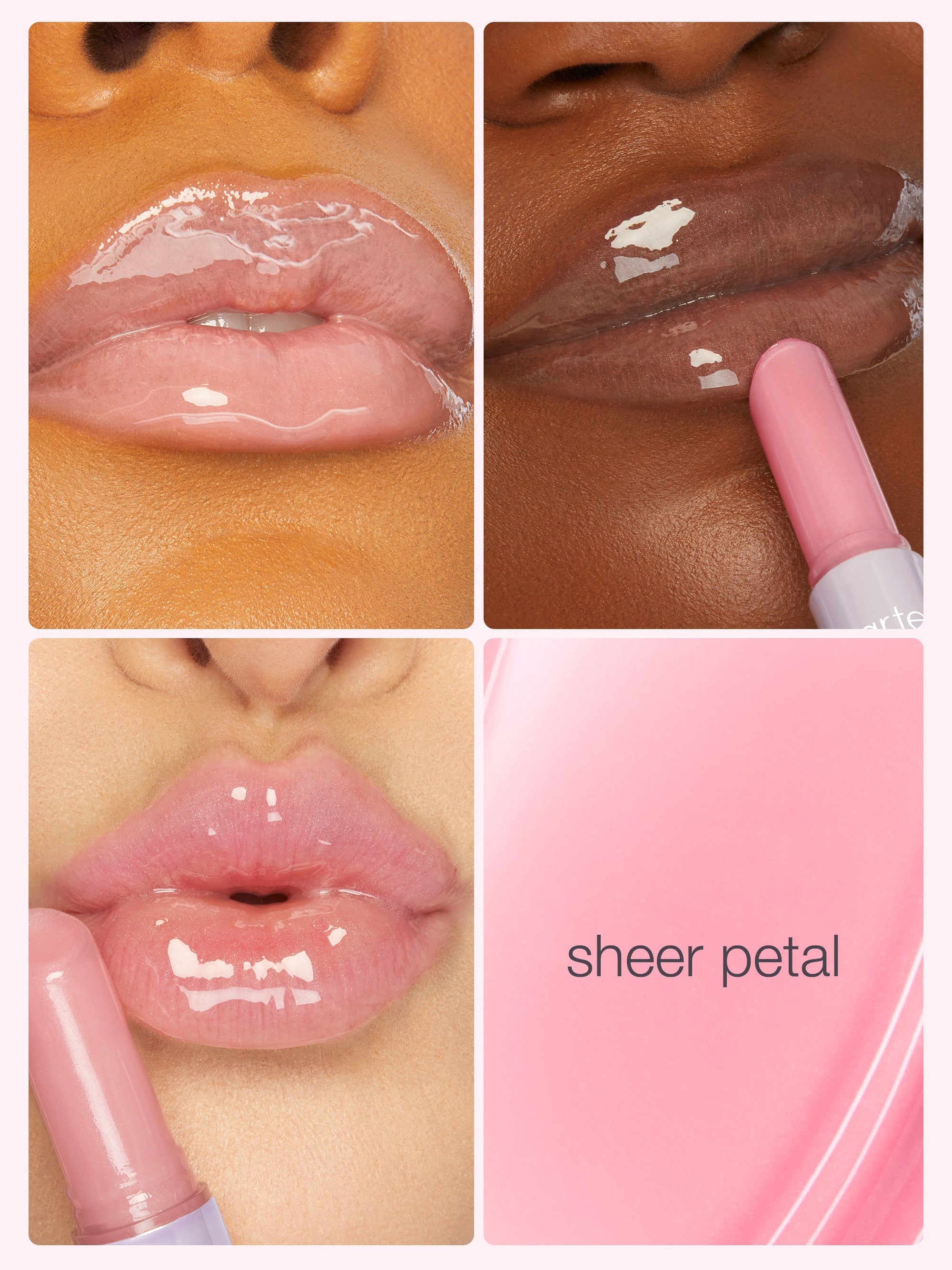 Collage of a pink lip gloss applied to lips with close-up shots and a pink lipstick labeled 'sheer petal'.
