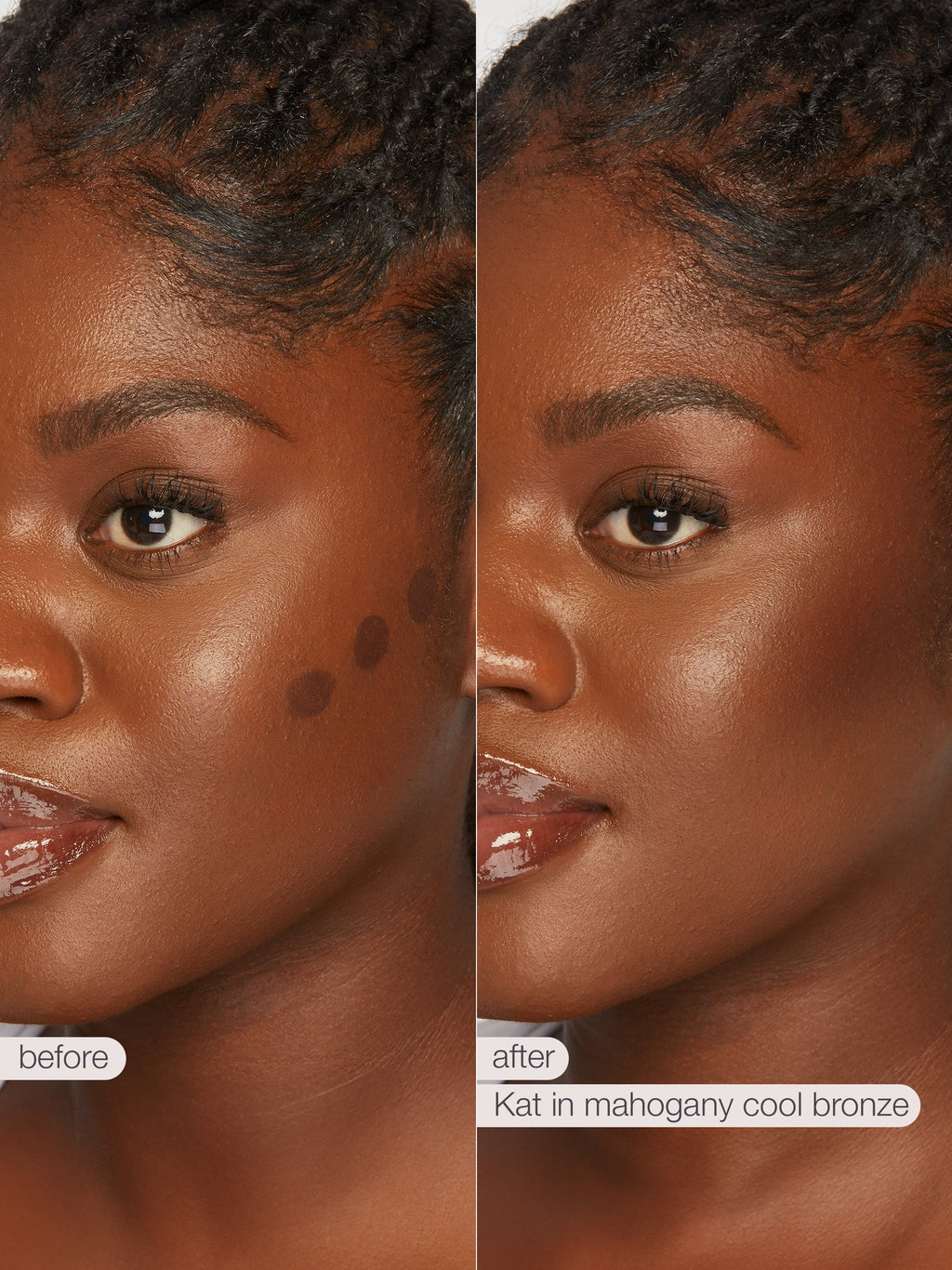 Before and after comparison of a woman's face with makeup application on a blurred background.