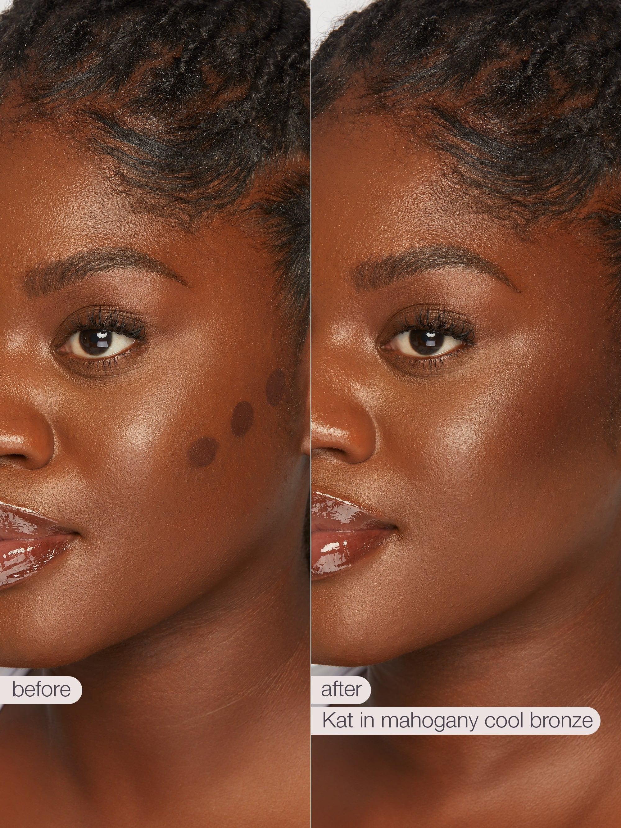 Before and after comparison of a woman's face with makeup application on a blurred background.