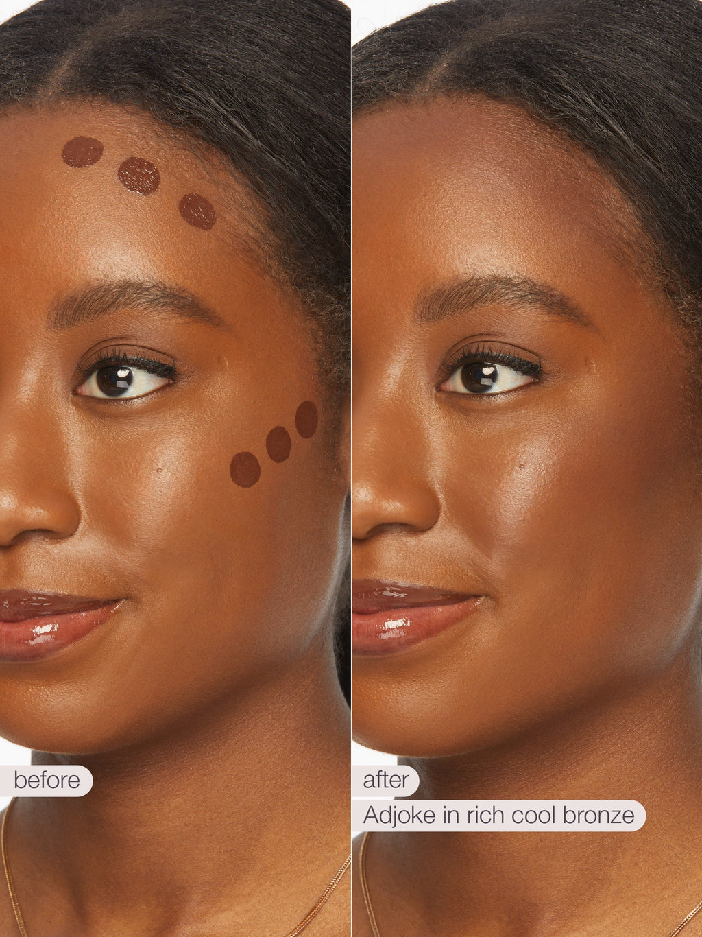 Before and after comparison of a woman's face with makeup application on her cheeks.
