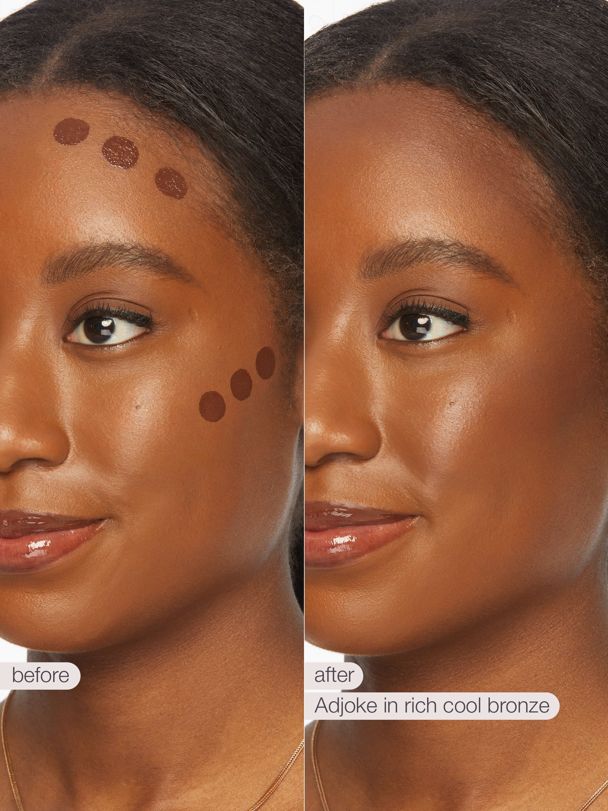 Before and after comparison of a woman's face with makeup application on her cheeks.