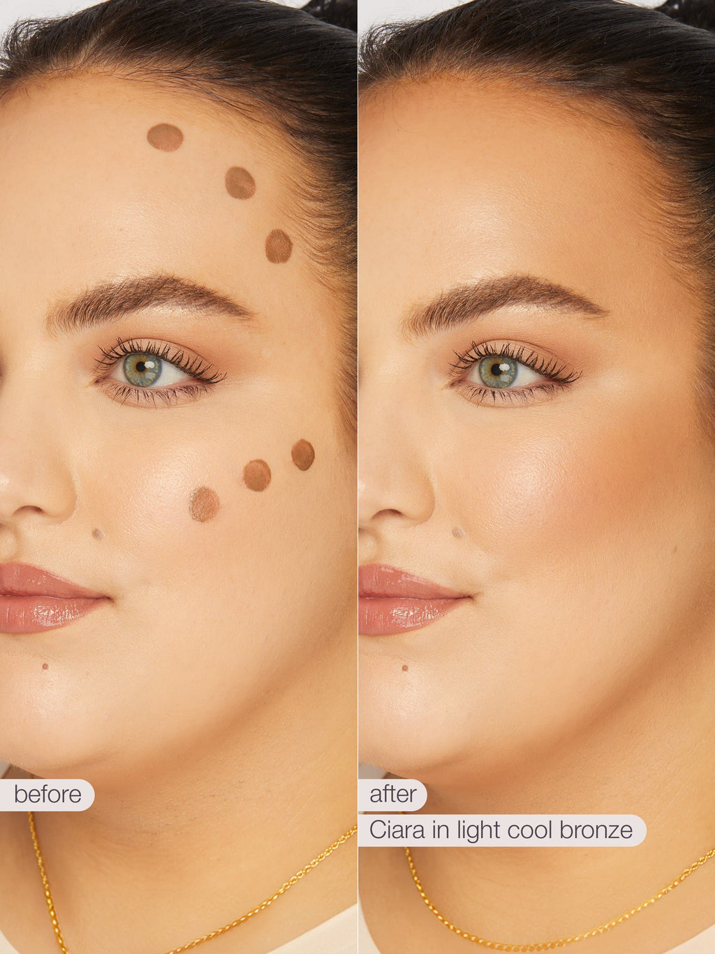 Before and after comparison of a woman's face with makeup application, using 'Ciara in light cool bronze'.