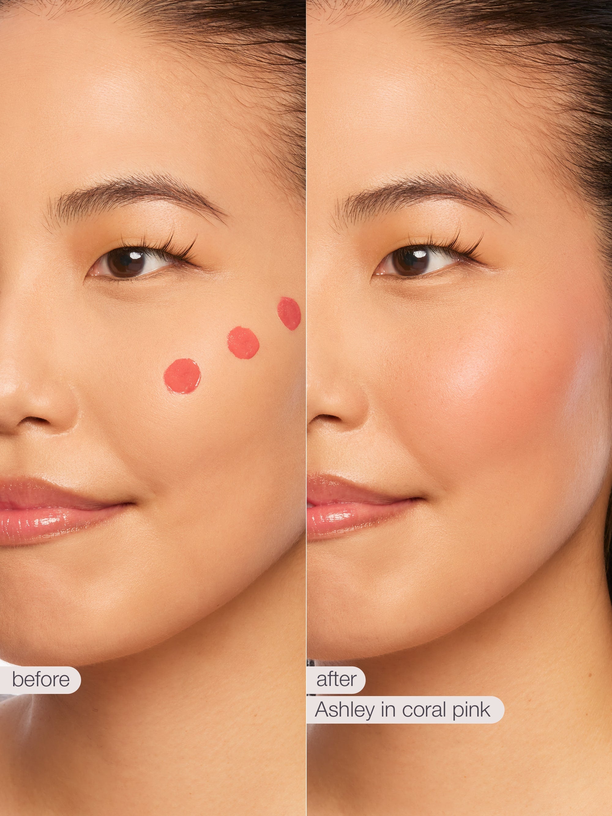 Before and after comparison of a woman's face with blush application labeled 'Ashley in coral pink'.