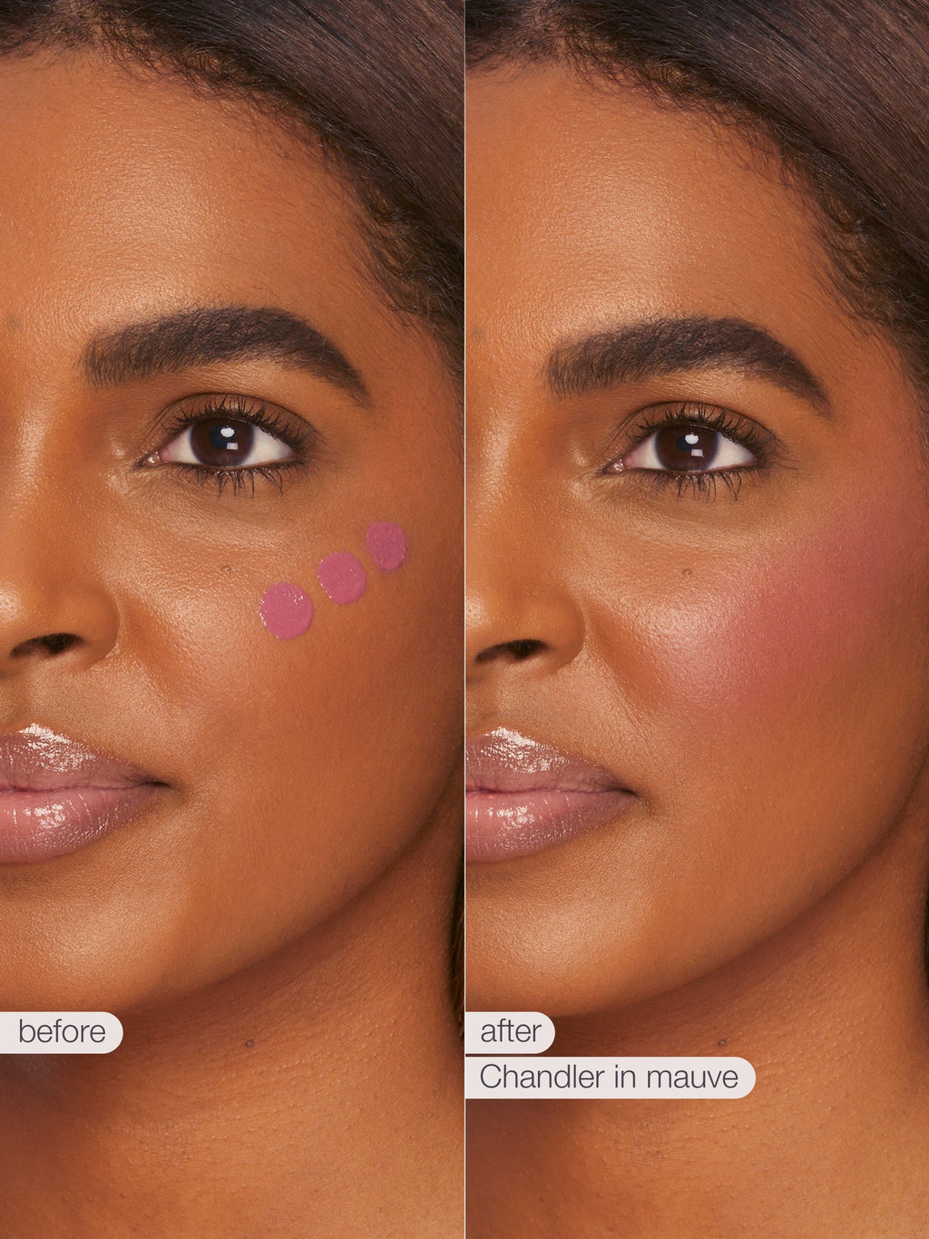 Before and after comparison of a woman's face with makeup application, labeled 'Chandler in mauve'.