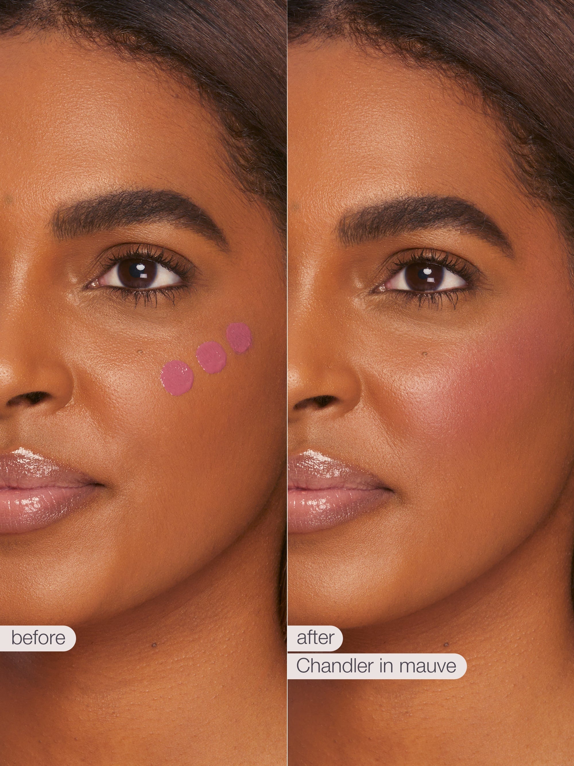 Before and after comparison of a woman's face with makeup application, labeled 'Chandler in mauve'.