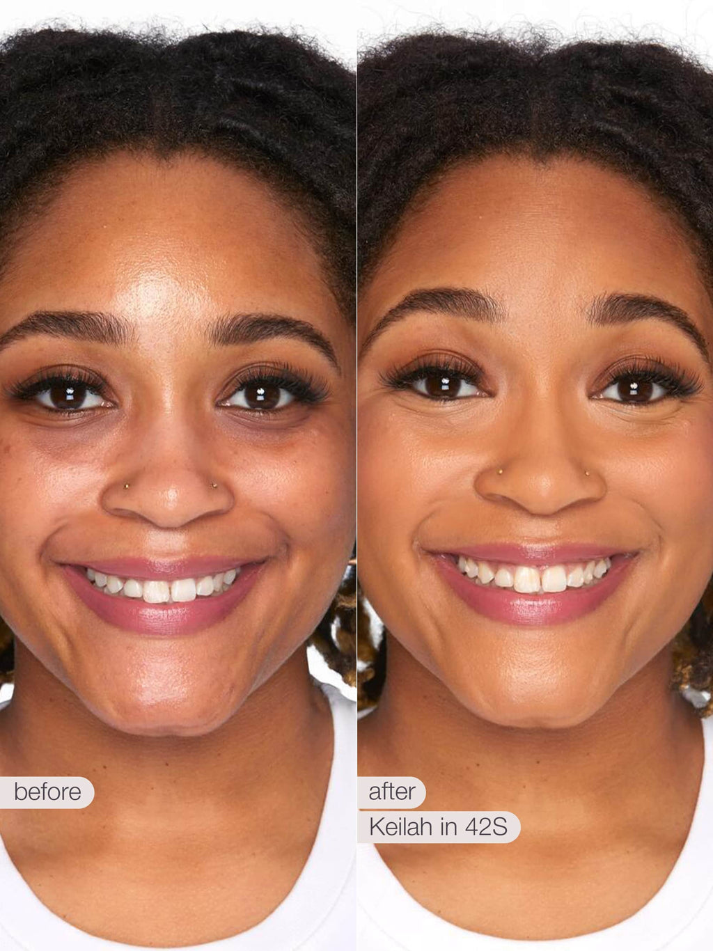 A person smiles directly at the camera, wearing natural makeup. The background is plain white. Text in the image reads: model is not wearing foundation.