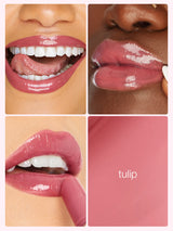 Collage of lips wearing a pink lipstick with close-up shots and a swatch labeled 'tulip'.