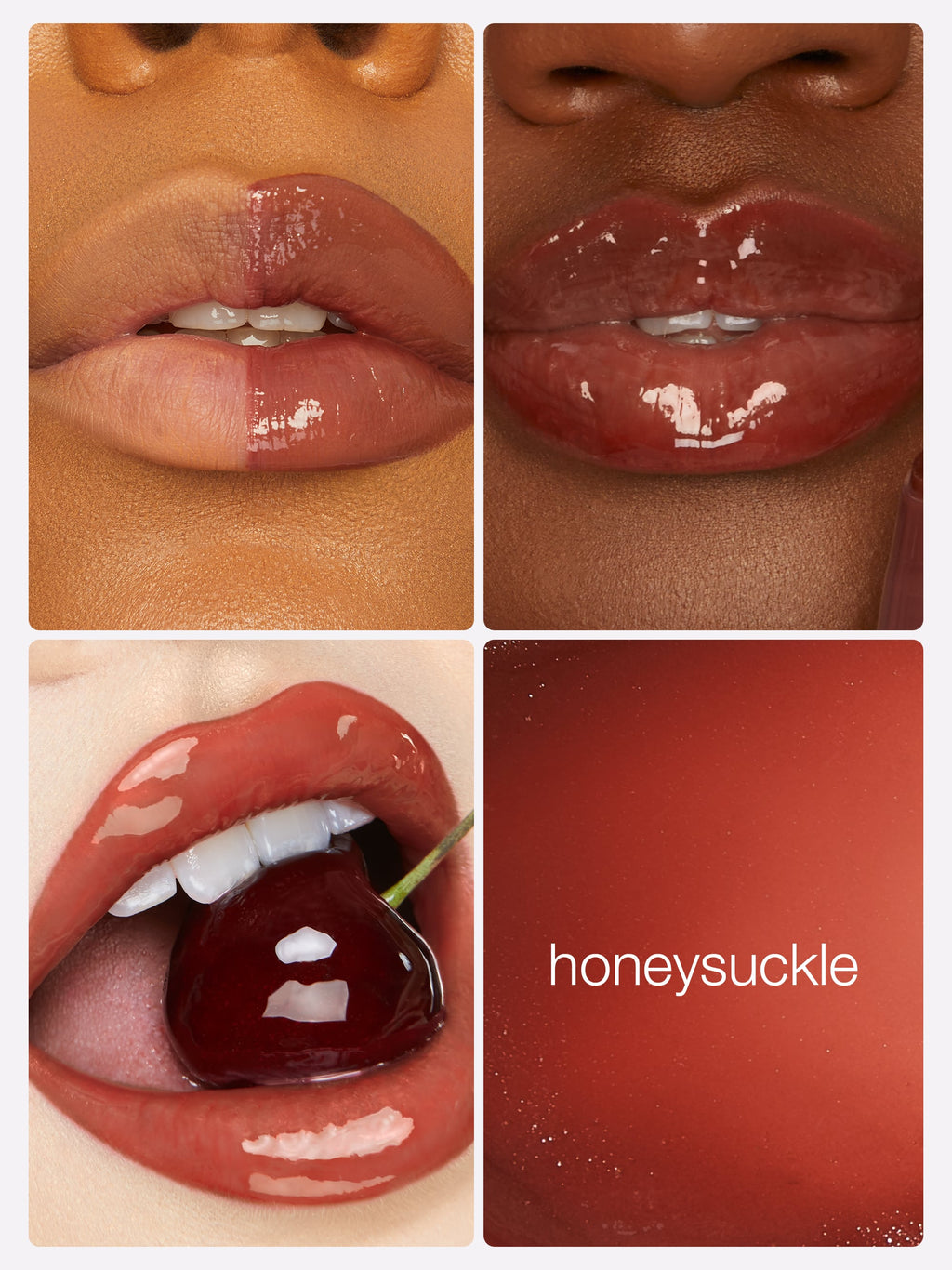 Collage of lips with a cherry and 'honeysuckle' text, showcasing a red lipstick shade.