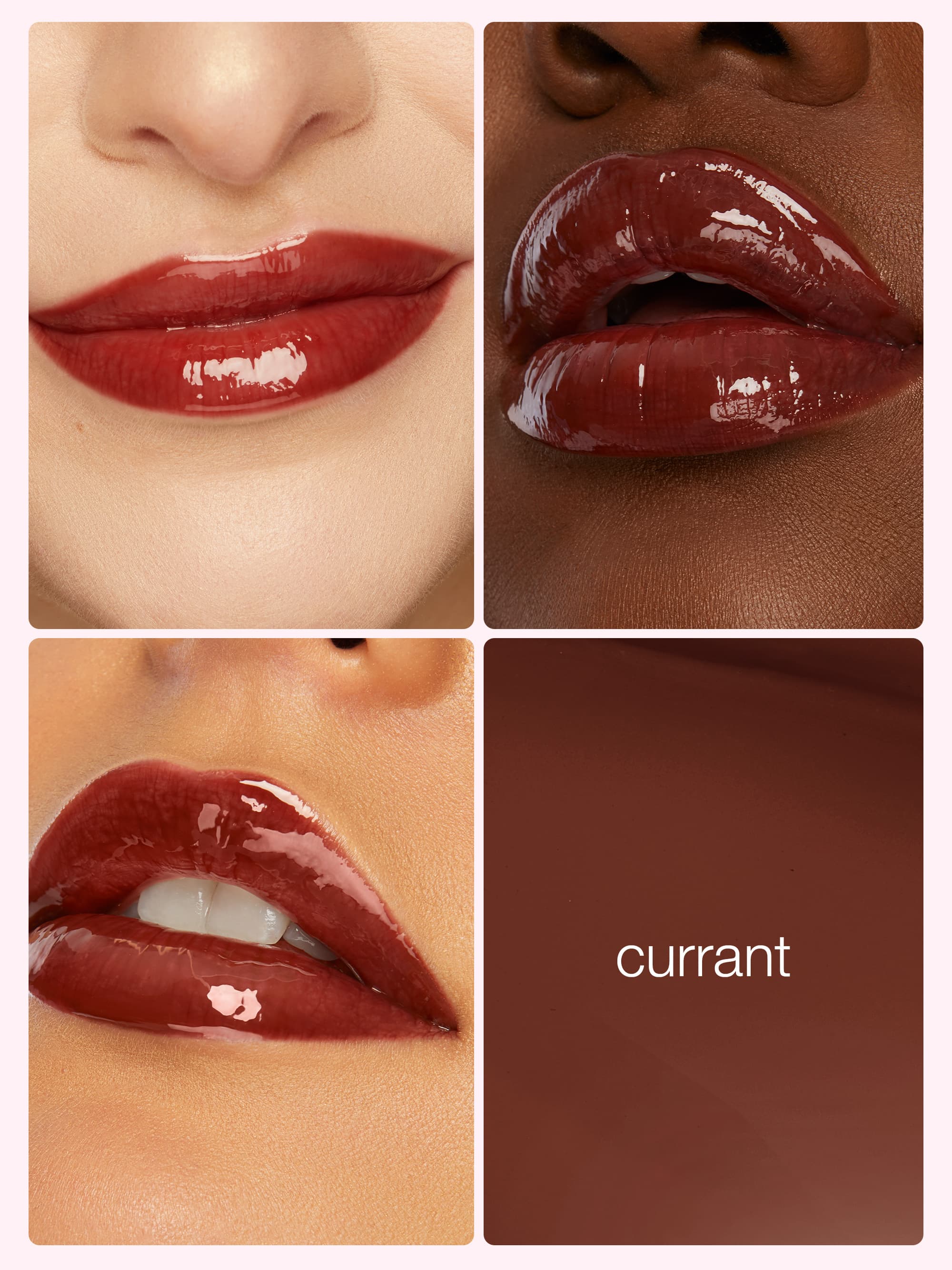 Collage of lips wearing a red lipstick with 'currant' color swatch.