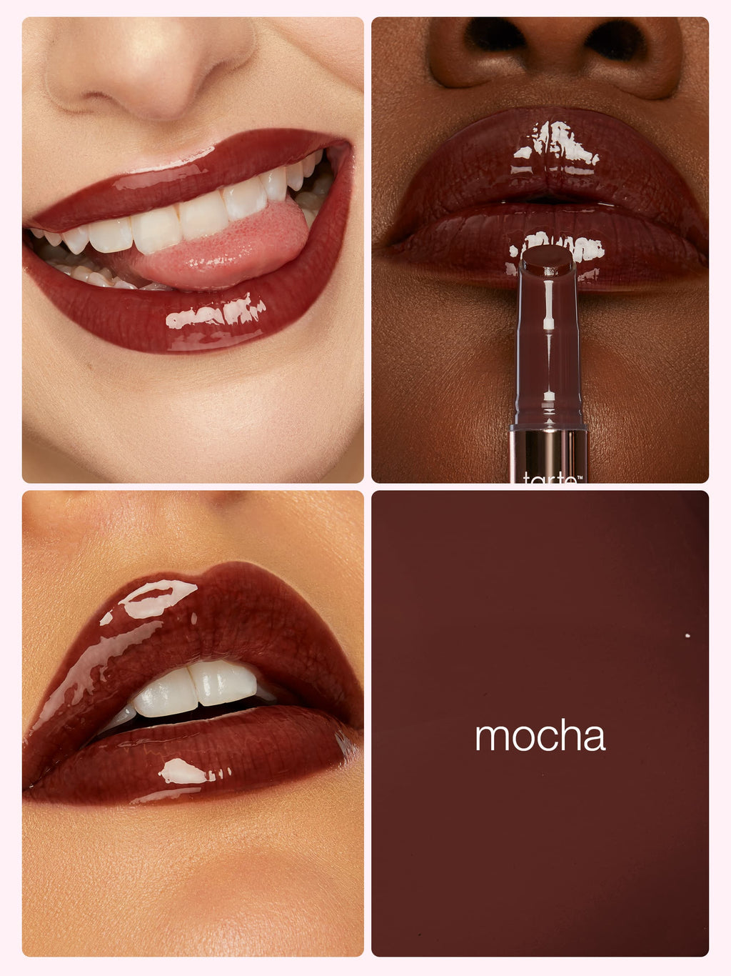 Collage of a brown lipstick being applied and close-up shots on lips with 'mocha' color swatch.