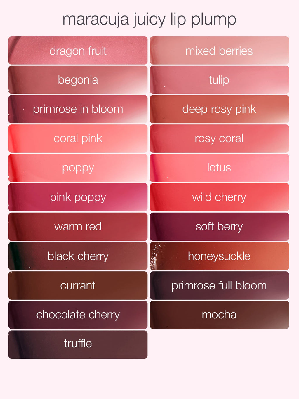 Color swatches of maracuja juicy lip plump with names listed below each swatch.