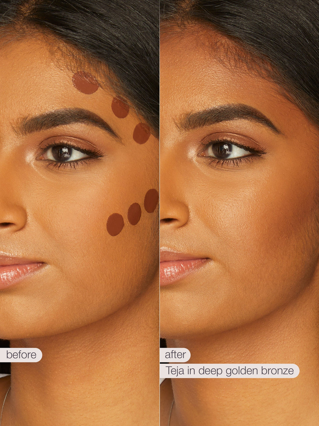 Before and after comparison of a woman's face with makeup application on her cheeks.