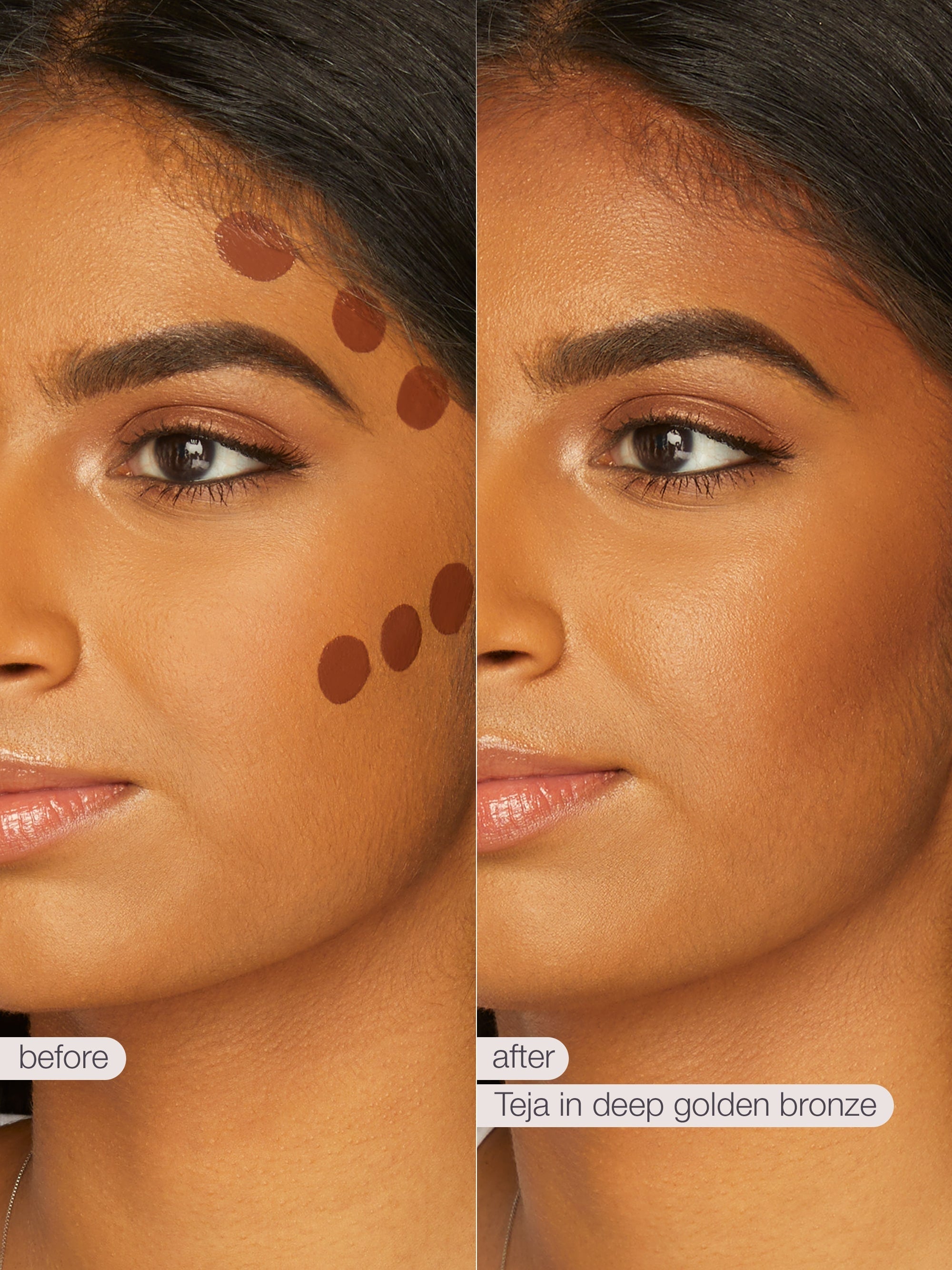Before and after comparison of a woman's face with makeup application on her cheeks.