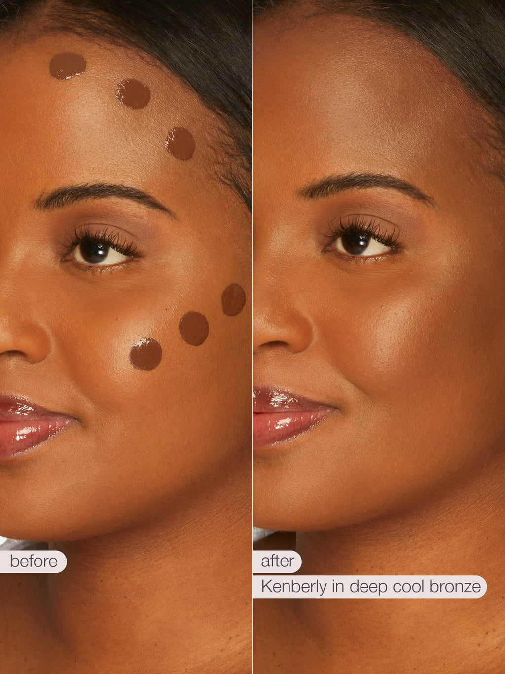 Before and after comparison of a woman's face with makeup application on a neutral background.