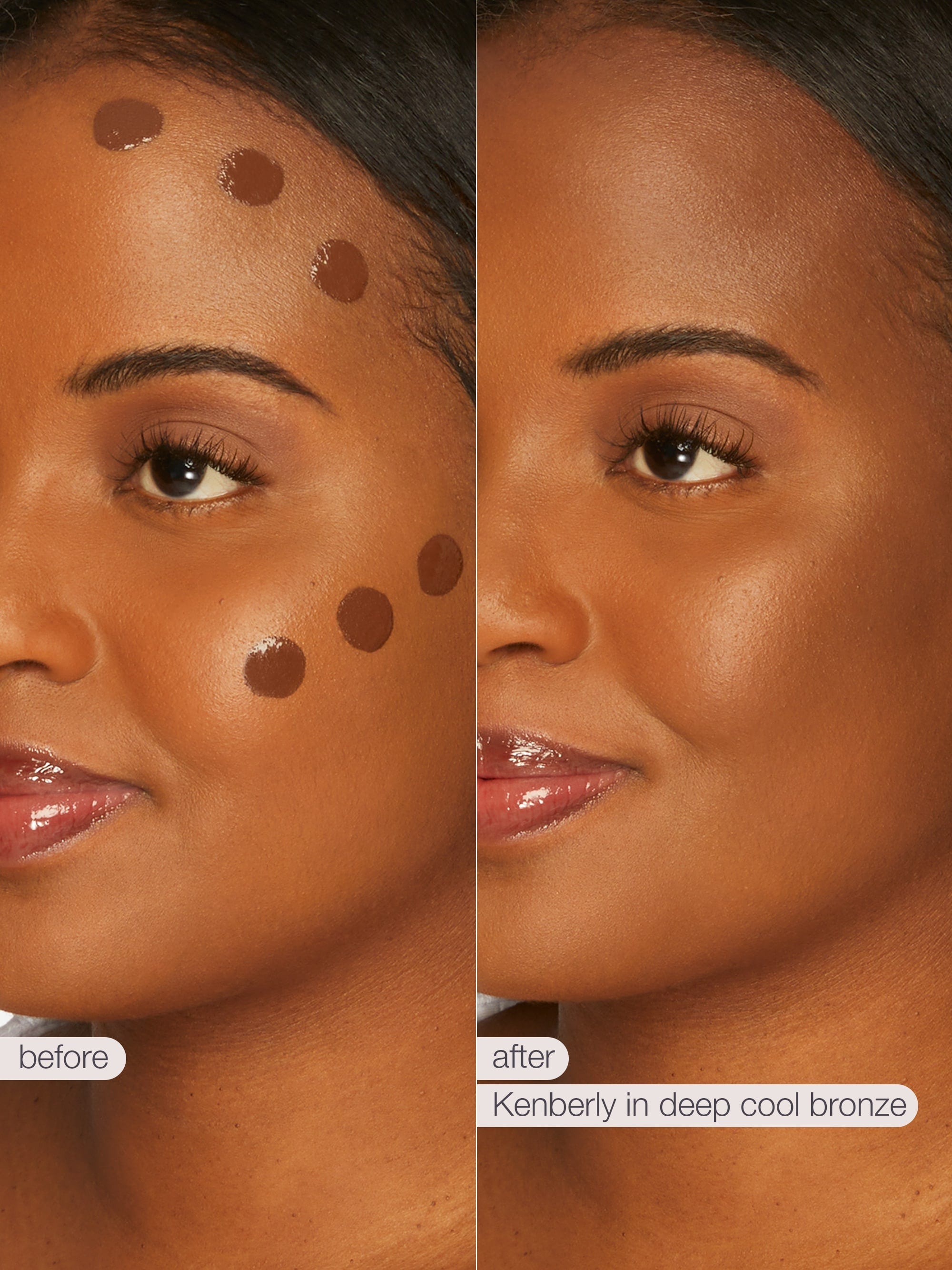 Before and after comparison of a woman's face with makeup application on a neutral background.