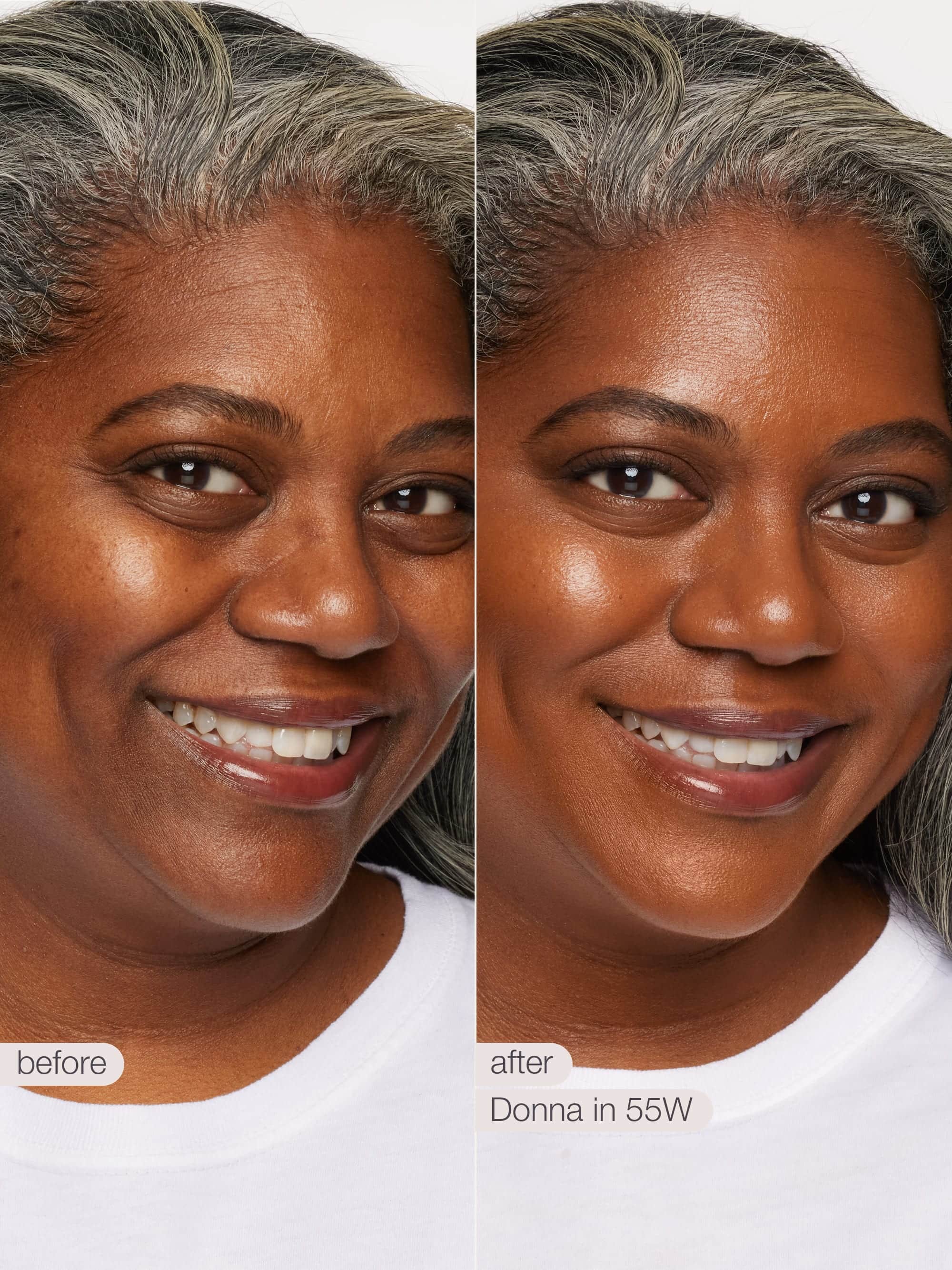 Before and after comparison of a woman with gray hair, showing a transformation effect.