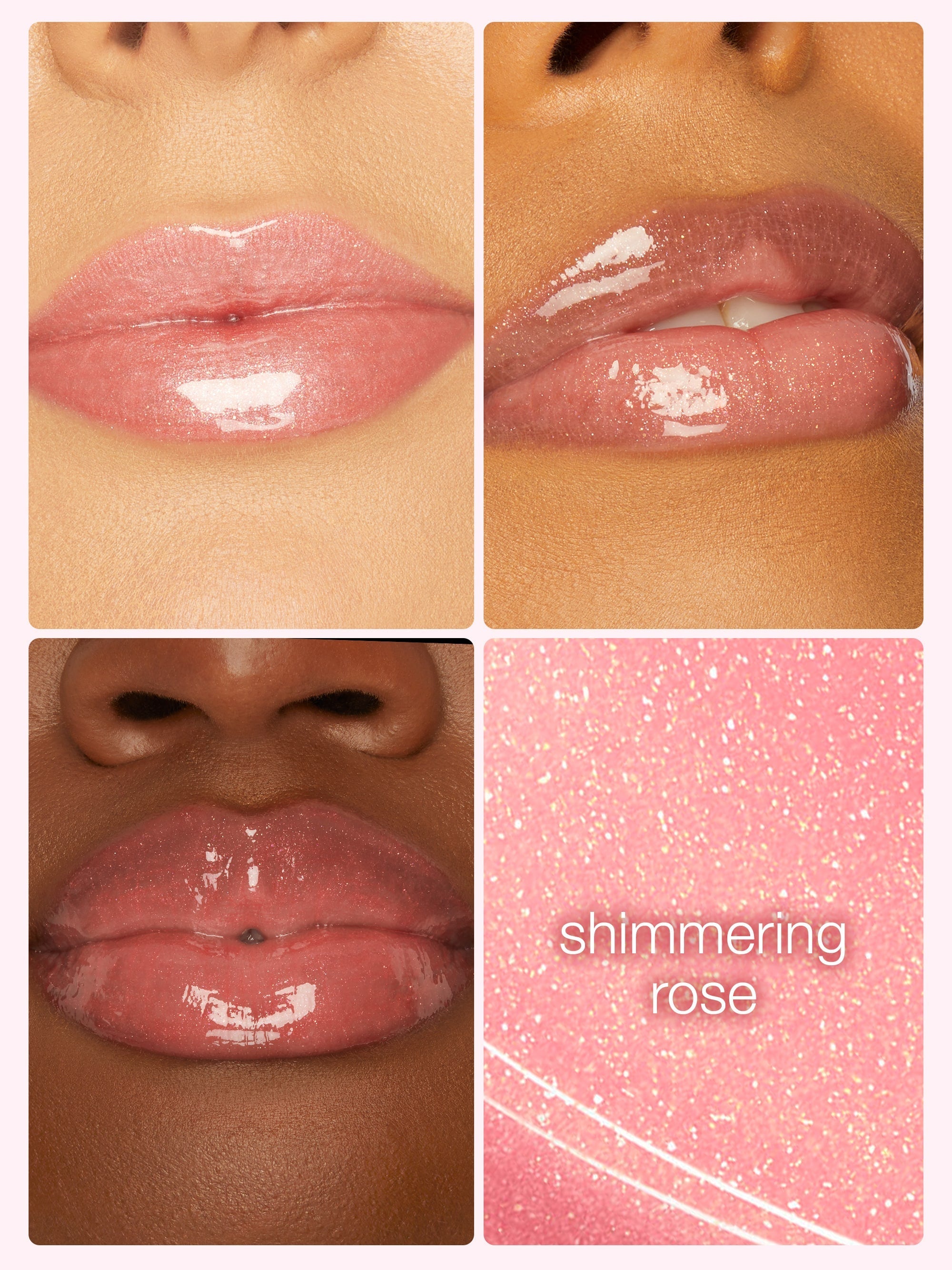 Collage of lips wearing a pink lip gloss with 'shimmering rose' text on a glittery pink background.