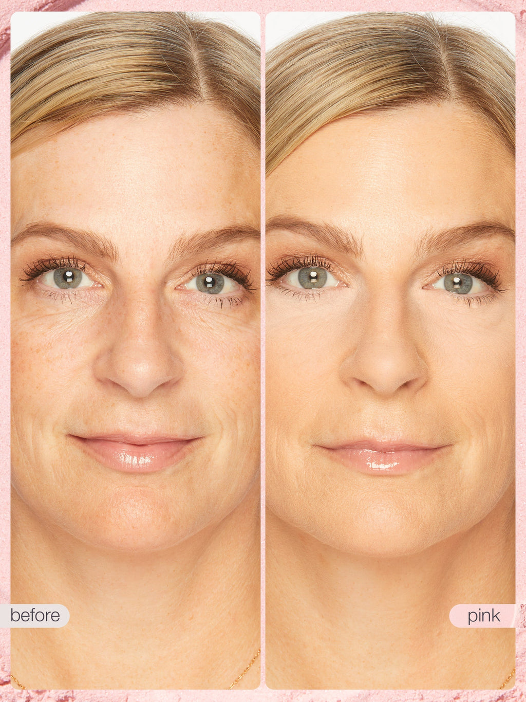 Before and after comparison of a woman's face with pink filter applied.
