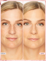 Before and after comparison of a woman's face with pink filter applied.