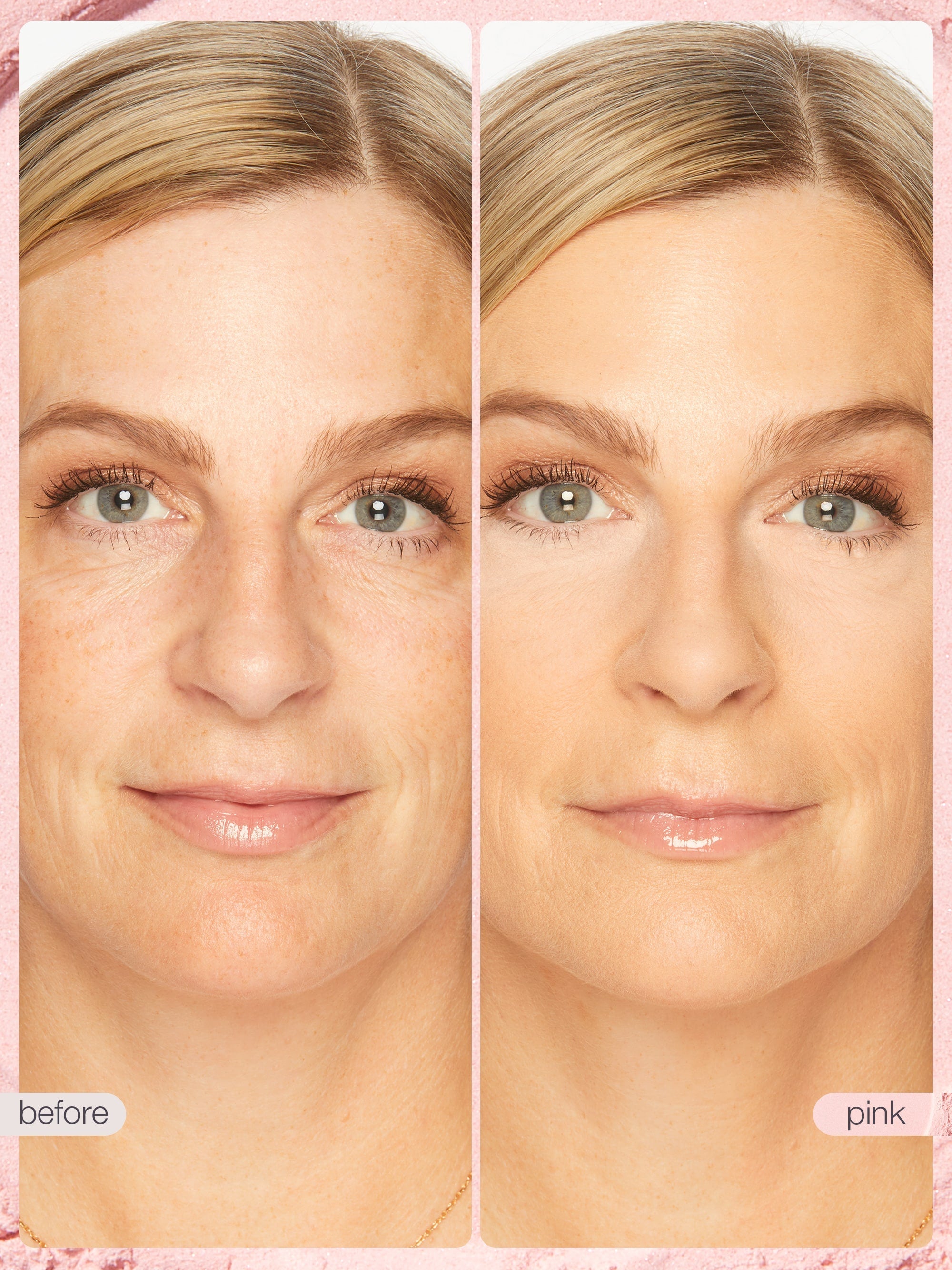 Before and after comparison of a woman's face with pink filter applied.