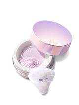 Tarte makeup product with pink and purple lid on a white background