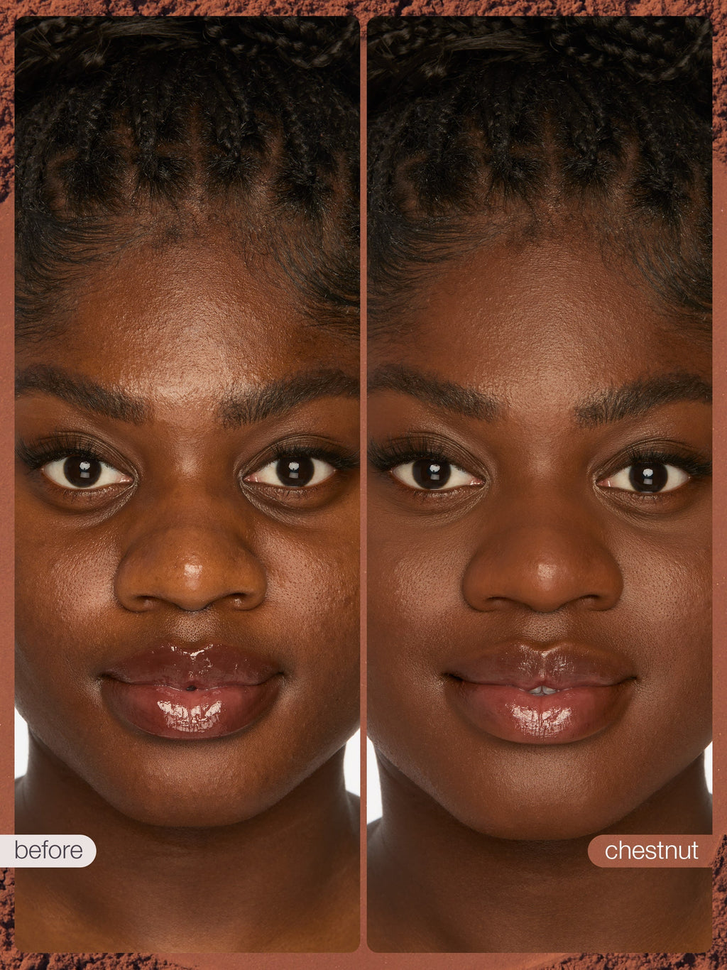 Side-by-side comparison of a person's face with 'before' and 'chestnut' labels.