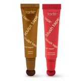 Two tarte makeup products, 'sculpt tape' in brown and 'blush tape' in red, on a white background.